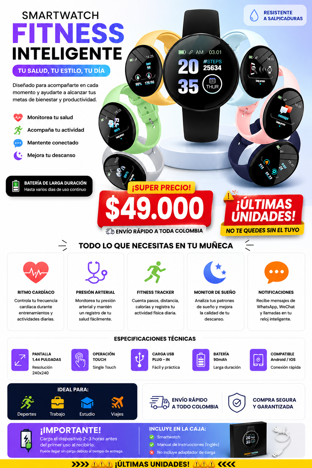Smartwatch D18 Circular CUALQUIER COLOR