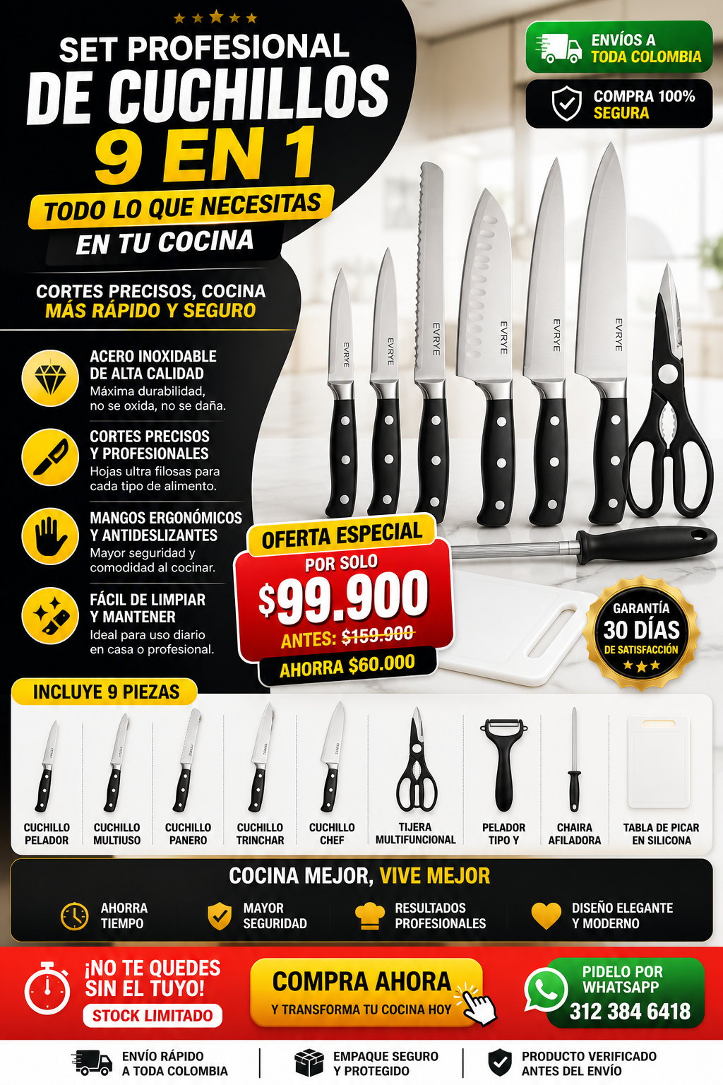 SET DE CUCHILLOS COCINA 9 EN 1