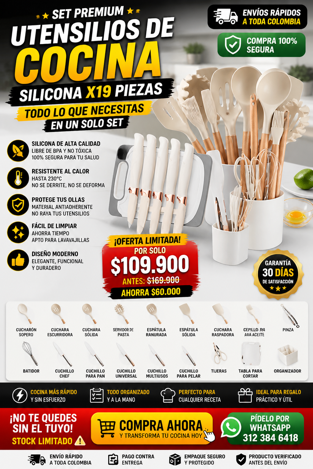 👉 Set de Utensilios de Cocina en Silicona Premium X19 – Antiadherente y Resistente al Calor
